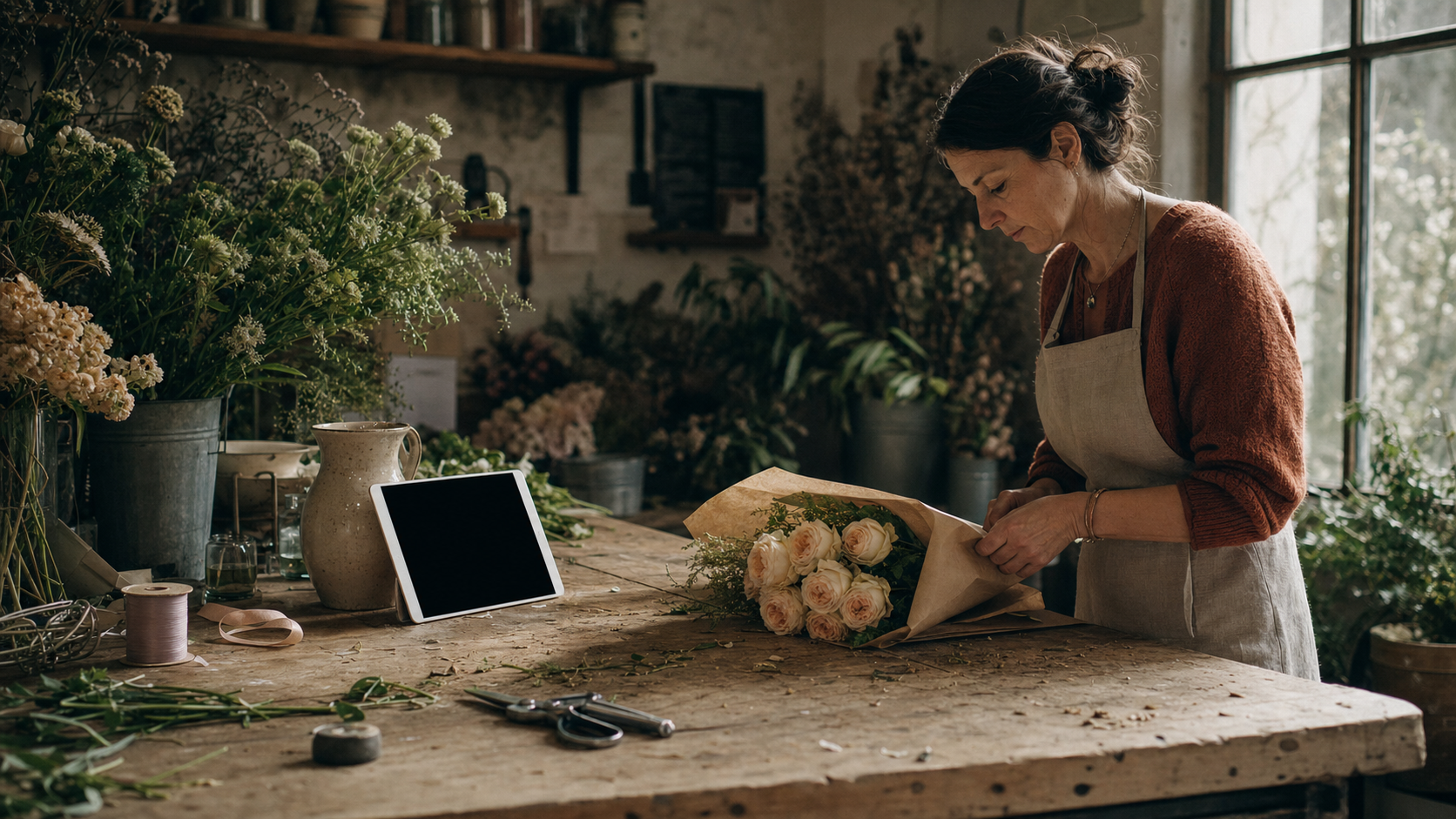 A florist wraps a bouquet of garden roses at her bench; the shop tablet stands among the ribbon and shears.
